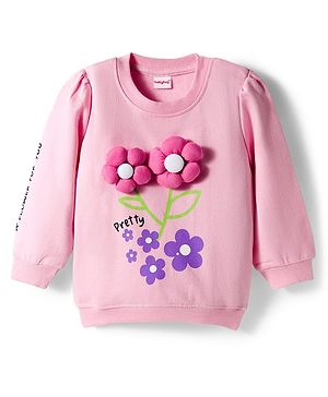 Babyhug Cotton Knit Full Sleeves Sweatshirt With Floral Print & Applique - Pink