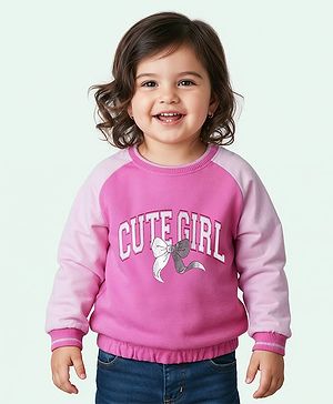 Babyhug Cotton Knit Full Raglan Sleeves Pullover Sweatshirt with Text Graphics - Pink