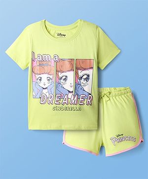 Pine Kids Disney Single Jersey Knit Half Sleeves Shorts Night Suit with Disney Princess Cinderella Graphics - Limegreen