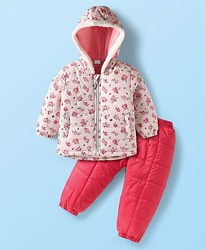 Babyhug Woven Full Sleeves Winter Wear Hooded Padded Jacket & Lounge Pant Set with Floral Print - Off White & Dark Pink