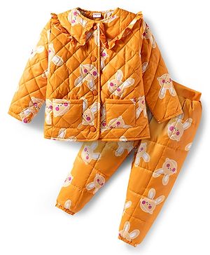 Babyhug Woven Full Sleeves Quilted Polyfill Hooded Heavy Winter Wear Suit Set With Polyfill Quilted Pant with Bunny Print & Pocket - Yellow