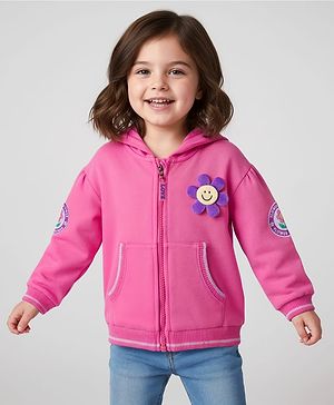 Babyhug Cotton Knit Full Sleeves Front Open Hooded Sweatshirt with Kangaroo Pocket & Back Floral Graphics - Pink