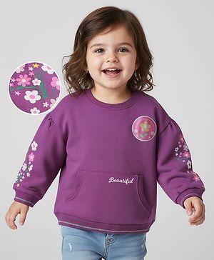 Babyhug Cotton Knit Full Sleeves Pullover Sweatshirt with Floral Print & Kangaroo Pocket - Purple