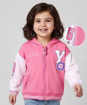 Babyhug Cotton Knit Full Sleeves Front Open Hooded Sweatshirt with Awesome Teddy Back Graphics - Pink
