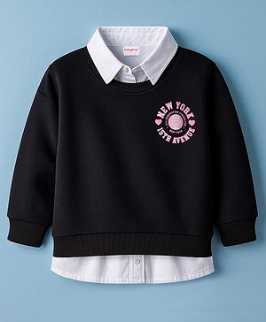 Babyhug Cotton Knit Full Sleeves Twofer Style Sweatshirt with Text Print - Black