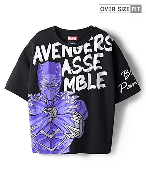 Pine Kids Marvel Terry Knit Oversize Drop Shoulder Half Sleeves T-Shirt with Black Panther Graphic - Black