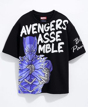 Pine Kids Marvel Terry Knit Oversized Drop Shoulder Half Sleeves T-Shirt with Black Panther Graphic - Black