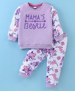 Mark & Mia Terry Knit Full Sleeves Sweatshirt & Lounge Pant with Text & Floral Print - Lilac & White