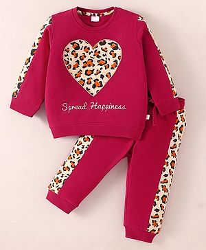 Mark & Mia Terry Knit Full Sleeves Sweatshirt & Lounge Pant Set with Text Print & Heart Patch - Maroon