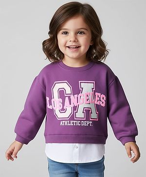 Babyhug Cotton Knit Drop Shoulder Full Sleeves Pullover Sweatshirt with Text Graphics - Purple