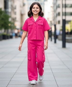 Pine Kids Cotton Sleeves Knit Half Sleeves Solid Color Shirt Style Top and Pant Set with Belt - Dark Pink