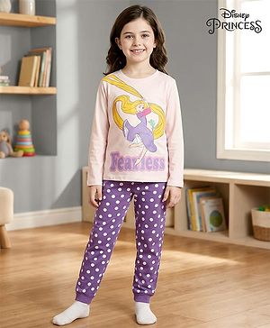 Pine Kids Disney Single Jersey Knit Full Sleeves Night Suit with Disney Princess Rapunzel Graphics - Lavender & White