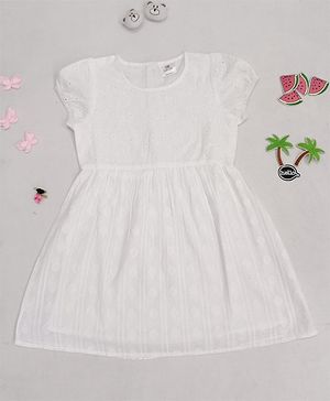 Creative Kids Cotton Woven Half Puffed Sleeves Schiffli Embroidered Dress - White