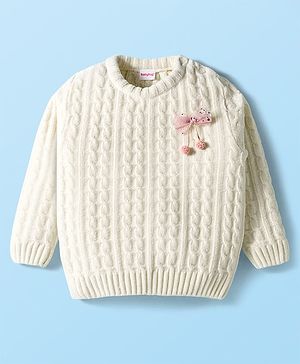 Babyhug Knitted Full Sleeves Soft Chenille Yarn Pullover Sweater With Bow Applique - White