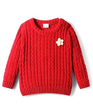 Babyhug Knit Full Sleeves Pullover Sweater With Floral Applique - Red
