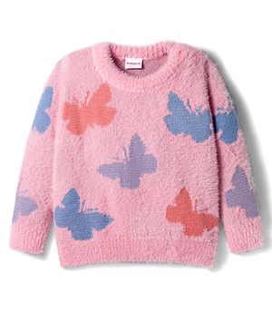 Babyhug Knit Full Sleeves Pullover Sweater with Butterfly Design - Pink