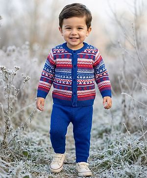 Babyhug Knitted Full Sleeves Front Open Sweater Set With Geometric Design - Blue