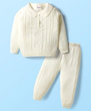 Babyhug Knit Full Sleeves Solid Coloured Sweater Set With Cable Knit Design - White