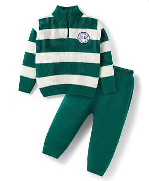 Babyhug Knit Full Sleeves High Neck Collar Sweater Set with Stripes & Patch Detailing - Green