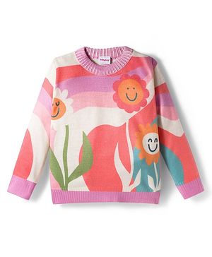 Babyhug Knitted Full Sleeves Pullover Sweater With Floral Design - Multicolor