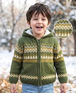 Babyhug Knit Full Sleeves Hooded Front Open Sweater with Abstract Design - Olive Green