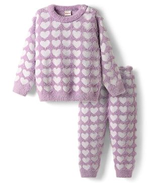 Babyhug Knit Full Sleeves Extra Soft Hairy Eyelash Yarn Pullover Sweater Set With Hearts Design - Mauve