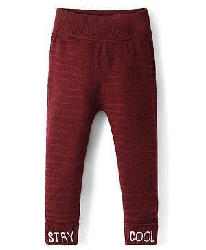 Babyhug Knit Full Length Woollen Pant With Text Embroidery - Wine