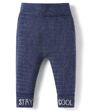 Babyhug Knit Full Length Woollen Pant With Text Embroidery - Blue