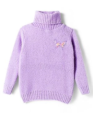 Babyhug Knit Full Sleeves Pullover Turtle Neck Sweater with Butterfly Patch Detailing - Lavender
