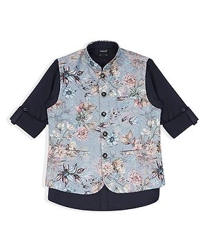 Charchit Cotton Blend Woven Floral Printed Nehru Jacket & Full Sleeves Solid Shirt - Blue