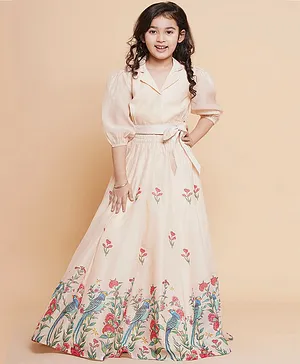 Bitiya By Bhama Silk Blend Woven
                              Three Fourth Puffed Sleeves Floral &
                              Birds Printed Lehenga & Choli Set -
                              Beige