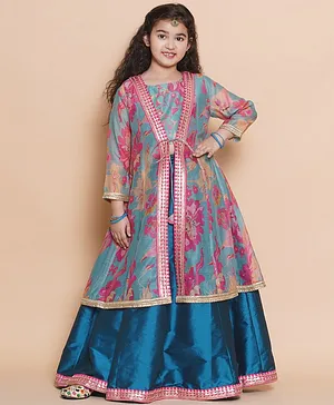 Bitiya By Bhama Silk Woven Floral
                              Printed Gota Lace Embellished Lehenga
                              Choli With Three Fourth Sleeves Shrug Set
                              - Blue