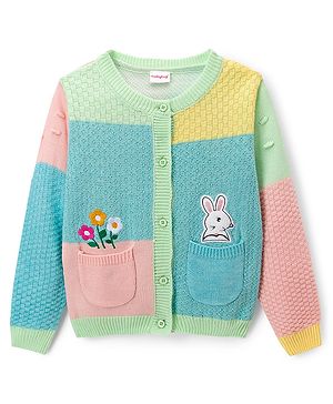 Babyhug Knitted Full Sleeves Front Open Sweater With Bunny & Floral Embroidery - Multicolor