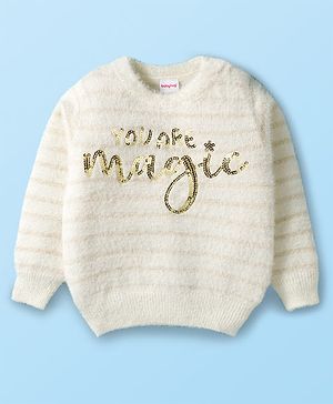 Babyhug Knitted Full Sleeves Extra Soft Hairy Eyelash Yarn Pullover Sweater With Sequin Detailing - White