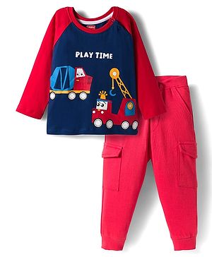 Babyhug Single Jersey Knit Full Raglan Sleeves T-Shirt and Joggers Set with Vehicle Print - Red
