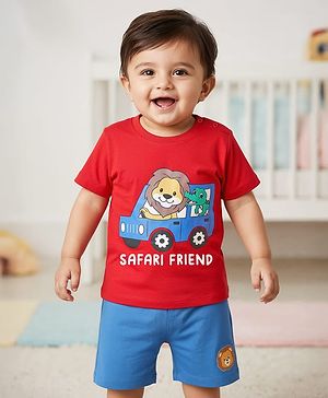 Babyhug Single Jersey Knit Half Sleeves T-Shirt & Shorts Set with Animal Safari Print - Red & Blue