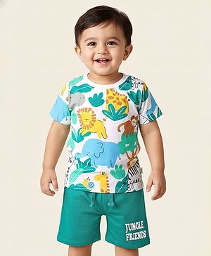 Babyhug 100% Cotton Single Jersey Knit Half Sleeves T-Shirt & Shorts Set with Jungle Theme Print - Mint