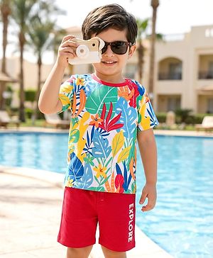 Babyhug Single Jersey Knit Half Sleeves T-Shirt & Shorts Set with Explore Text & Jungle Print - Red & Multicolor