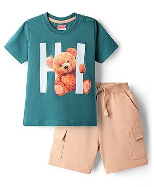 Babyhug Single Jersey Knit Half Sleeves T-Shirt and Shorts Set With Teddy Print - Dark Green