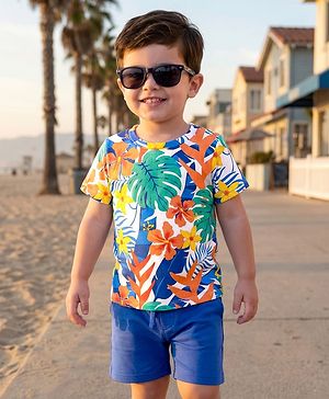Babyhug Single Jersey Knit Half Sleeves T-Shirt & Shorts Set with Floral Print - Blue
