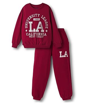 Pine Kids Looper Knit Full Sleeves Winter Wear Suit Set with California University League Print - Scarlet Smile Maroon
