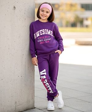 Pine Kids Looper Knit Full Sleeves Winter Wear Sweatshirt & Lounge Pant Set With Text Print - Purple