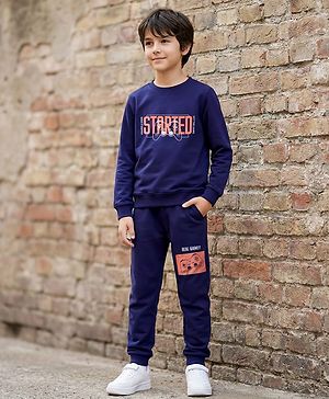 Pine Kids Looper Knit Full Sleeves Winter Wear Sweatshirt & Lounge Pant Set With Text Print - Navy Blue