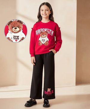 Pine Kids Looper Knit Full Sleeves Winter Wear Sweatshirt & Lounge Pant Set With Teddy Bear Print - Maroon & Black