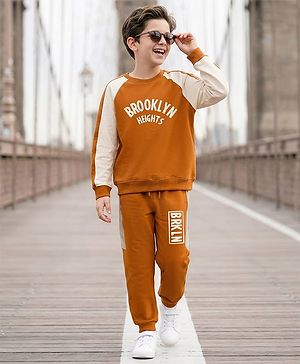Pine Kids Looper Knit Full Raglan Sleeves Winter Wear Suit With Brooklyn Text Print - Light Brown