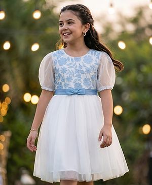 Pine Kids Woven Half Sleeves Party Dress with Floral Embroidery & Bow Applique - White