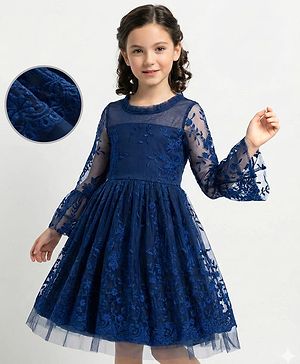 Pine Kids Woven Full Sleeves Party Dress With Floral Embroidery - Navy Blue