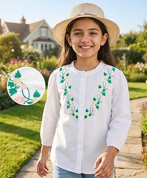 Pine Kids Cotton Woven Full Sleeves Front Open Top with Floral Embroidery - White