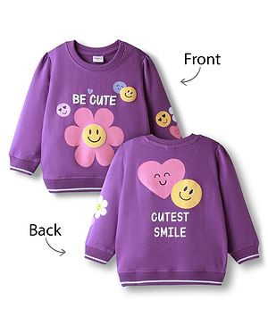 Babyhug Cotton Knit Drop Shoulder Full Sleeves Pullover Sweatshirt with Smiley Graphics - Purple