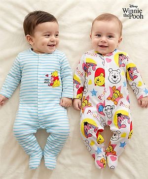 Babyhug Disney Interlock Knit Full Sleeves Footed Sleepsuits With Winnie the Pooh Graphics Pack Of 2 - White & Light Blue